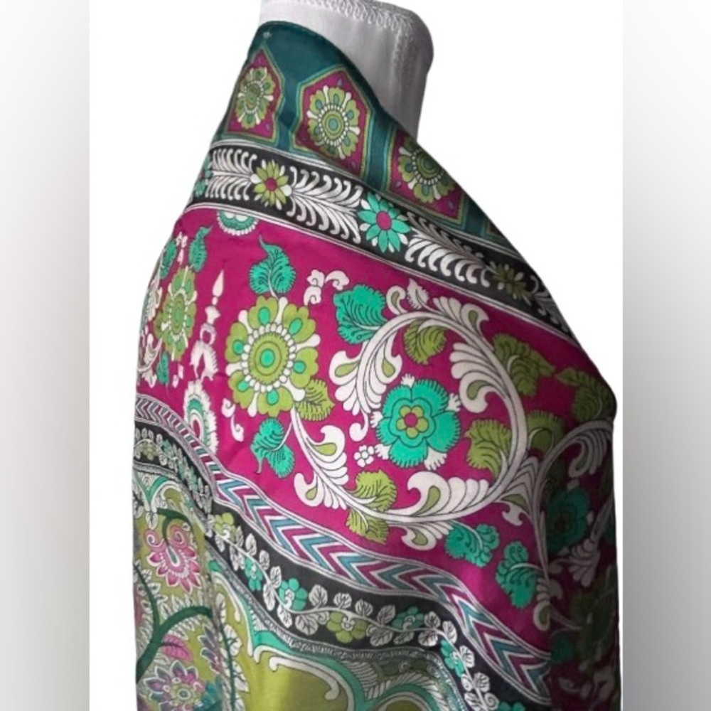 NWT 100% Silk Long Scarf Wrap Mandala Floral Boho Pink Aqua Blue Teal NEW - Picture 7 of 14